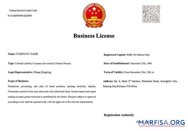 Realistic China business license Word and PDF template